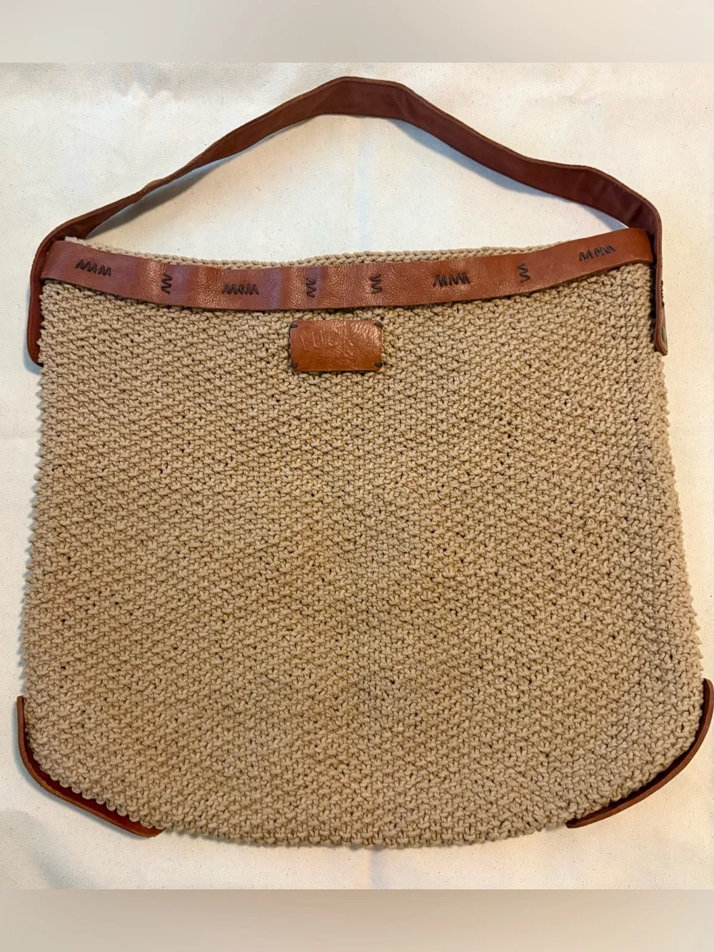Lucky Brand Vintage Boho Crochet & Leather Shoulder Bag Tote